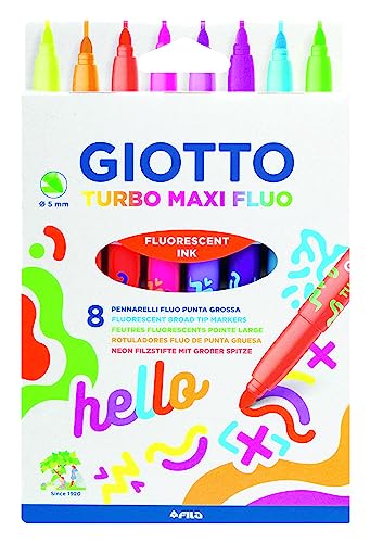 Giotto Turbo Maxi Fasermaler mit fluoreszierender Tintenfaserspitze, breite Spitze, 5 mm Mine, 8 Farben von GIOTTO