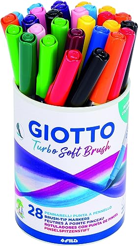 Giotto Turbo Soft Brush, Fasermaler mit weicher Pinselspitze, Metalldose, wasserlöslich, sortierte Farben, 28 Stück von GIOTTO