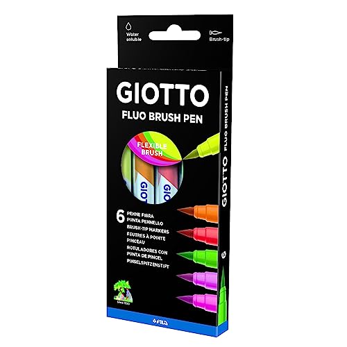 Giotto Turbo Soft Brush, Fasermaler mit weicher Pinselspitze, wasserlöslich, 6 sortierte Fluofarben von GIOTTO