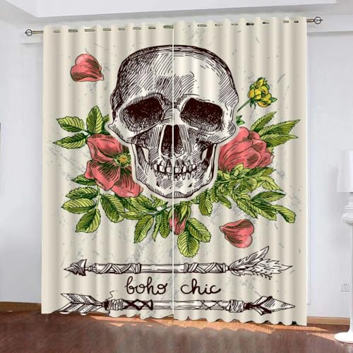 GIOVIA 3D Blumen Totenkopf Vorhänge Abdunkelnde Boho Chic Kindervorhänge Vorhang mit ösen 2er Set Gardinen Blickdicht Verdunkelungs für Kinderzimmer Schlafzimmer Wohnzimmer B 110 X H 95 cm von GIOVIA