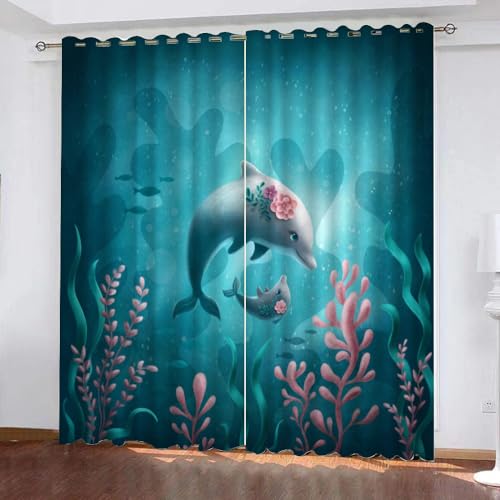 GIOVIA 3D Delfin Gardinen Abdunkelnde Ozean Thema Kindervorhänge Vorhang mit ösen 2er Set Vorhänge Blickdicht Verdunkelungs für Kinderzimmer Schlafzimmer Wohnzimmer B 140 X H 160 cm von GIOVIA