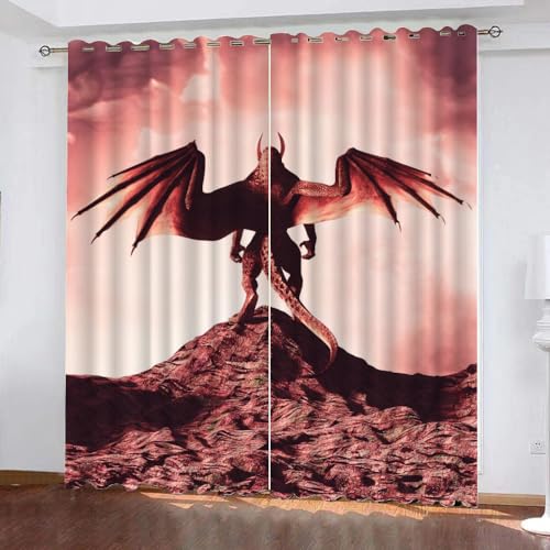 GIOVIA 3D Drachen Vorhänge Abdunkelnde Retro Drache Kindervorhänge Vorhang mit ösen 2er Set Gardinen Blickdicht Verdunkelungs für Kinderzimmer Schlafzimmer Wohnzimmer B 110 X H 95 cm von GIOVIA