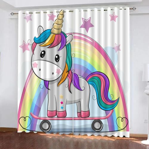 GIOVIA 3D Einhorn Gardinen Abdunkelnde Regenbogen Einhorn Kindervorhänge Vorhang mit ösen 2er Set Vorhänge Blickdicht Verdunkelungs für Kinderzimmer Schlafzimmer Wohnzimmer B 200 X H 160 cm von GIOVIA