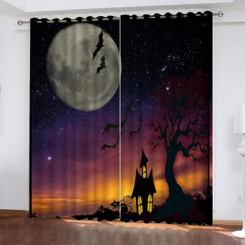 GIOVIA 3D Halloween Vorhänge Abdunkelnde Halloween Sternenhimmel Kindervorhänge Vorhang mit ösen 2er Set Gardinen Blickdicht Verdunkelungs für Kinderzimmer Schlafzimmer Wohnzimmer B 150 X H 166 cm von GIOVIA