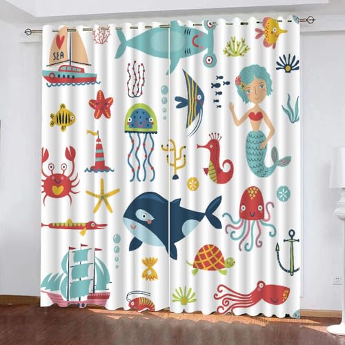 GIOVIA 3D Ozean Maritim Vorhänge Abdunkelnde Delfin Kindervorhänge Vorhang mit ösen 2er Set Gardinen Blickdicht Verdunkelungs für Kinderzimmer Schlafzimmer Wohnzimmer B 110 X H 95 cm von GIOVIA