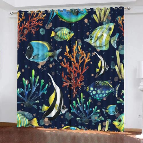 GIOVIA 3D Ozean Vorhänge Abdunkelnde Korallen Fische Kindervorhänge Vorhang mit ösen 2er Set Gardinen Blickdicht Verdunkelungs für Kinderzimmer Schlafzimmer Wohnzimmer B 150 X H 166 cm von GIOVIA