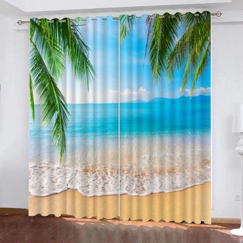 GIOVIA 3D Palmenblätter Vorhänge Abdunkelnde Tropisch Strand Kindervorhänge Vorhang mit ösen 2er Set Gardinen Blickdicht Verdunkelungs für Kinderzimmer Schlafzimmer Wohnzimmer B 150 X H 166 cm von GIOVIA