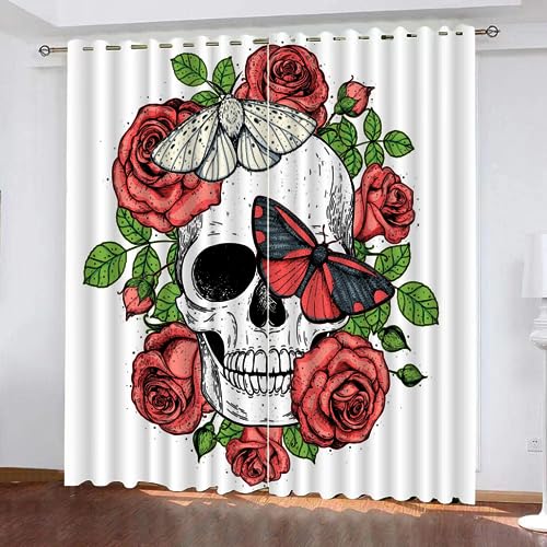 GIOVIA 3D Schädel Gardinen Abdunkelnde Rose Totenkopf Kindervorhänge Vorhang mit ösen 2er Set Vorhänge Blickdicht Verdunkelungs für Kinderzimmer Schlafzimmer Wohnzimmer B 140 X H 160 cm von GIOVIA