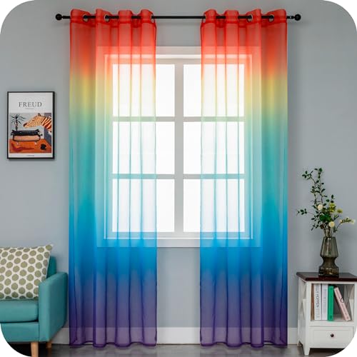 GIRASOLE HOME Paar Voile Vorhänge, halbtransparent, Farbe getönt, Regenbogen, Vorhang für Wohnzimmer, Schlafzimmer, Küche und Innenbereich, 2 Paneele mit Ösen 140 x 238 cm von GIRASOLE HOME