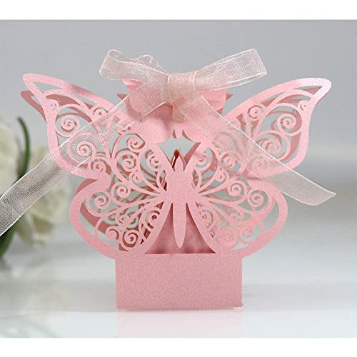 GIVBRO Hochzeits-Geschenkboxen mit hohlem Schmetterling, für Süßigkeiten, Geschenkboxen mit Schleife, für Party-Dekoration, Rosa, 50 Stück von GIVBRO