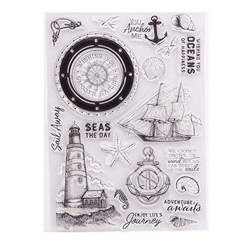 GIVBRO Transparente Silikonstempel, Siegelaufkleber, nautisches Thema, Prägeschablone mit Leuchtturm, Ruder, Segelboot, Muscheln, Muster, DIY-Kunstwerkzeuge von GIVBRO