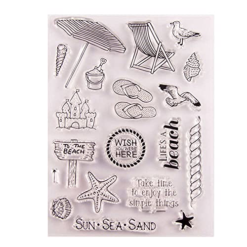 GIVBRO Transparente Stempel-Siegel-Aufkleber-Schablone, Urlaubsmotiv, Scrapbooking, Prägeschablone mit Flip-Flops, Strandkörbe, Möwen, Sonnenschirme, Muster von GIVBRO