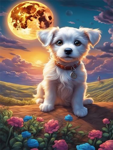 GJSZZO Cartoon Hund Diamond Painting, Hund und Mond 5D Diamant Painting Set für Erwachsene, Tiere Blumen Kunst Diamond Bilder Kits, Geschenke Painting für Zuhause Dekor, 30x40cm von GJSZZO