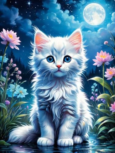 GJSZZO Cat Diamond Painting for Adults, 5D Katze Diamont Painting Kits für Erwachsene, DIY Katze and Blume Diamant Malerei Diamond Painting Bilder Set mit für Heimwanddekoration 30x40 cm von GJSZZO