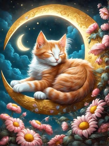 GJSZZO Cat Diamond Painting kits for Adults, Mondkatze-Diamantmalerei für Erwachsene, Katze und Blume Diamant Bilder Set für Heimwanddekoration 30x40 cm von GJSZZO