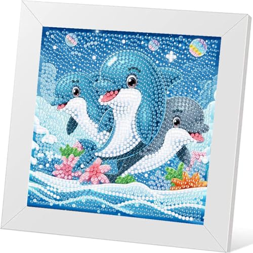 GJSZZO Dolphin Diamond Painting with Frame for Kids, 5D Delfin Diamantgemälde mit Holzrahmen für Kinder, Diamond Painting Bilder Mosaikherstellung Arts Craft für Kinder 17x17 cm von GJSZZO