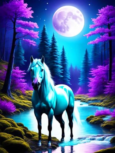 GJSZZO Horse Diamond Painting, Pferd und Mond Diamant Painting Bilder Erwachsene, Diamant Malerei Set mit für Heimwanddekoration 30x40 cm von GJSZZO