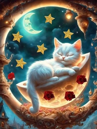 GJSZZO Mondkatze Diamantmalerei für Erwachsene, Flowers and Cat Diamond Painting kits for Adults, Katze und Blume Diamant Bilder Set für Heimwanddekoration 30x40 cm von GJSZZO