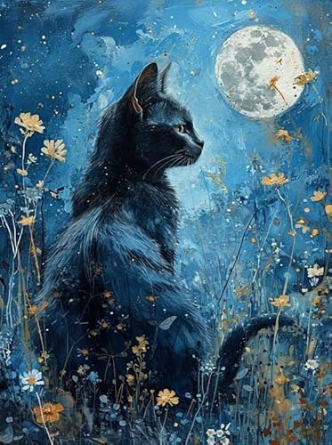 GJSZZO Moon and Cat Paint by Numbers for Adult Kits, Blume und Katze Malen nach Zahlen Kits für Erwachsene, DIY Tiere Malen-nach-Zahlen-Bilder für die Wanddekoration 30x40 cm von GJSZZO