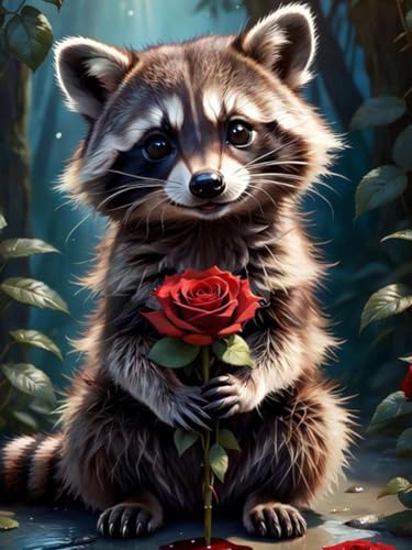 GJSZZO Raccoon Diamond Painting kits for Adults, Waschbär und Blume Diamont Painting Bilder Erwachsene, Diamant Malerei Set mit für Heimwanddekoration 30x40 cm von GJSZZO