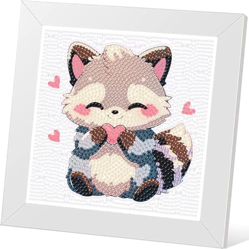 GJSZZO Raccoon Diamond Painting with Frame for Kids, Waschbär-Diamantgemälde mit Holzrahmen für Kinder, 5D Diamond Painting Bilder Mosaikherstellung Arts Craft für Kinder 17x17 cm von GJSZZO