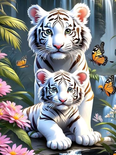 GJSZZO Tiger Diamantmalerei für Erwachsene, Flowers and Tiger Diamond Painting kits for Adults, Tiger und Blume Diamant Bilder Set für Heimwanddekoration 30x40 cm von GJSZZO