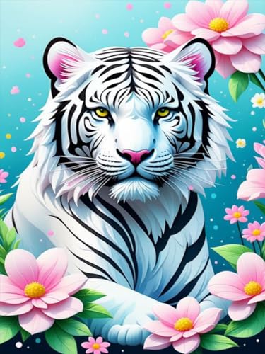 GJSZZO Tiger Diamond Painting Kits for Adult, Tiger und Blumen 5D Diamond Painting für Erwachsene, Tiere Kunst Diamond Bilder Geschenke Painting für Zuhause Dekor, 30x40 cm von GJSZZO