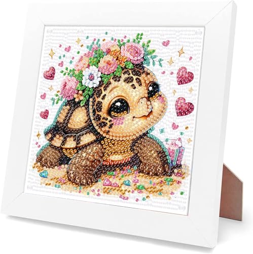 GJSZZO Turtle Diamond Art Kits with Frame for Kids, 5D Schildkröte Diamantgemälde mit Holzrahmen für Kinder, Diamond Painting Bilder Mosaikherstellung Arts Craft für Kinder 17x17 cm von GJSZZO