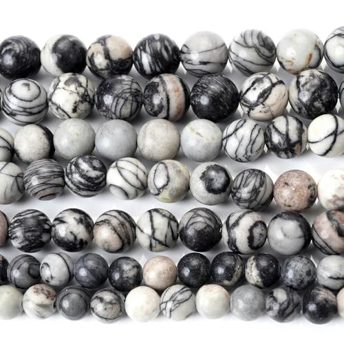 Natursteinperle, schwarz-weiß, Katzenauge, Opal, Lava-Achat, Hämatit, runde Perlen in großen Mengen für Schmuck, DIY-Armband, 4–12 mm, schwarzes Netz, 6 mm, ca. 61 Perlen von GJUYTD