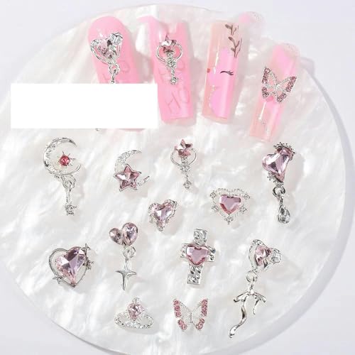 10 Stück Luxuslegierung Zirkon Nail Art Dekorationen Süße gemischte Liebe Schmetterling Nagel Charms Glänzende rosa Diamant Nagel Strass Dekoration-10 Stück_g von GJUYTI