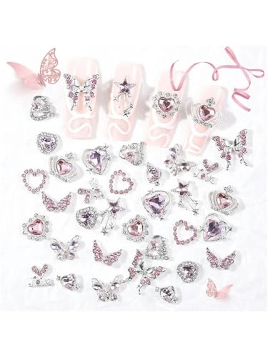 10 Stück Luxuslegierung Zirkon Nail Art Dekorationen Süße gemischte Liebe Schmetterling Nagel Charms Glänzende rosa Diamant Nagel Strass Dekoration-10 Stück_r von GJUYTI