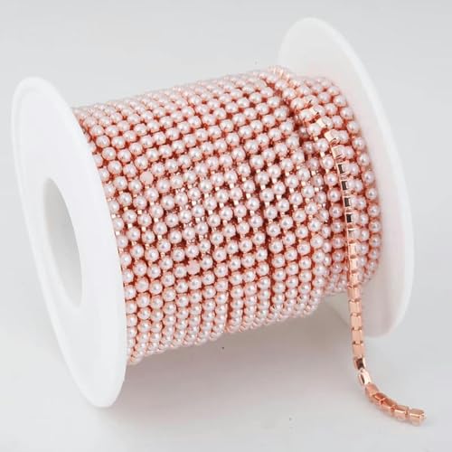 2 mm, 3,0 mm, 10 Yards, Goldperlen-Strass-Cup-Kette, Glas, dichter Strass, ABS-Perlen-Kette, Besatz, Bekleidungs-Cup-Kette für Kleidungsstücke-Roségold-Perle-SS8 (2,5 mm)-10 Yards von GJUYTI