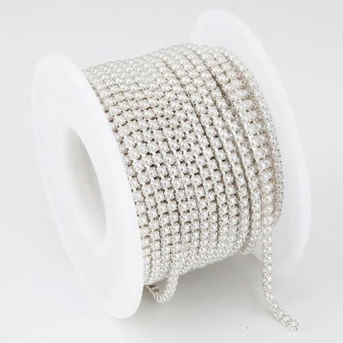 2 mm, 3,0 mm, 10 Yards, Goldperlen-Strass-Cup-Kette, dichtes Glas-Strass-ABS-Perlen-Kettenbesatz, Bekleidungs-Cup-Kette für Kleidungsstücke-Silberperle-SS4,5 (1,5 mm)-10 Yards von GJUYTI