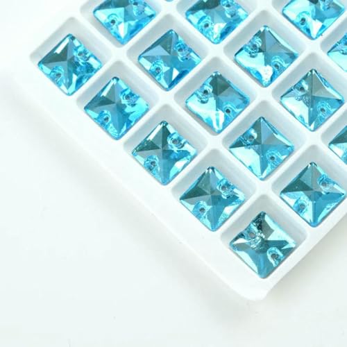 3240 Quadratischer Aufnähstein aus Glaskristall-Strass, flache Rückseite, bunte Perlen, zwei Löcher, Knopf für Hochzeitskleid, Schuhe, Taschen, DIY-it.Saphir-10 x 10 mm, 45 Stück von GJUYTI