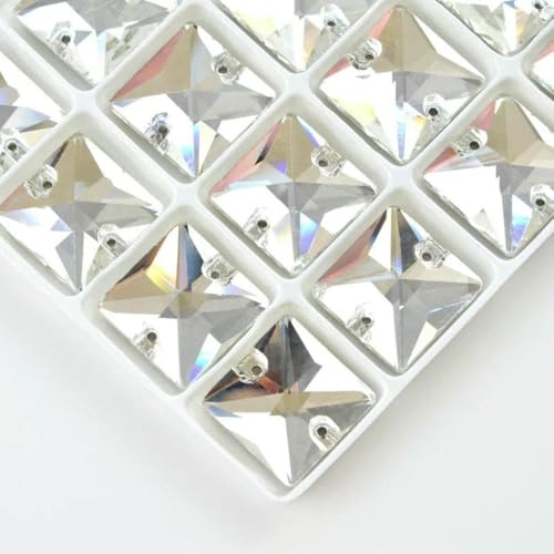 3240 Quadratischer Aufnähstein aus Glaskristall-Strass mit flacher Rückseite, bunte Perlen, zwei Löcher, Knopf für Hochzeitskleid, Schuhe, Taschen, DIY, klarer Kristall, 10 x 10 mm, 45 Stück von GJUYTI