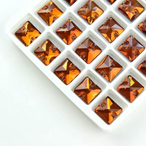 3240 Quadratischer Aufnähstein aus Glaskristall-Strass mit flacher Rückseite, bunte Perlen, zwei Löcher, Knopf für Hochzeitskleid, Schuhe, Taschen, DIY, orange, 10 x 10 mm, 45 Stück von GJUYTI