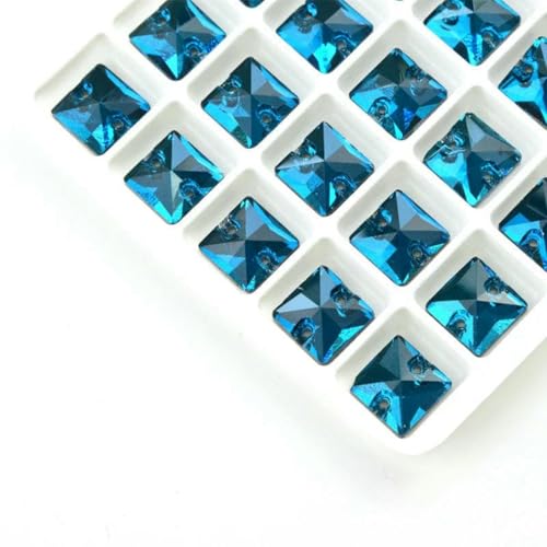 3240 Quadratischer Aufnähstein aus Glaskristall-Strass mit flacher Rückseite, bunte Perlen, zwei Löcher, Knopf für Hochzeitskleid, Schuhe, Taschen, DIY-Pfauenblau, 12 x 12 mm, 40 Stück von GJUYTI