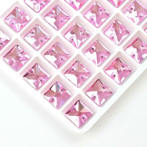 3240 Quadratischer Aufnähstein aus Glaskristall-Strass mit flacher Rückseite, bunte Perlen, zwei Löcher, Knopf für Hochzeitskleid, Schuhe, Taschen, DIY-Rosa, 10 x 10 mm, 45 Stück von GJUYTI