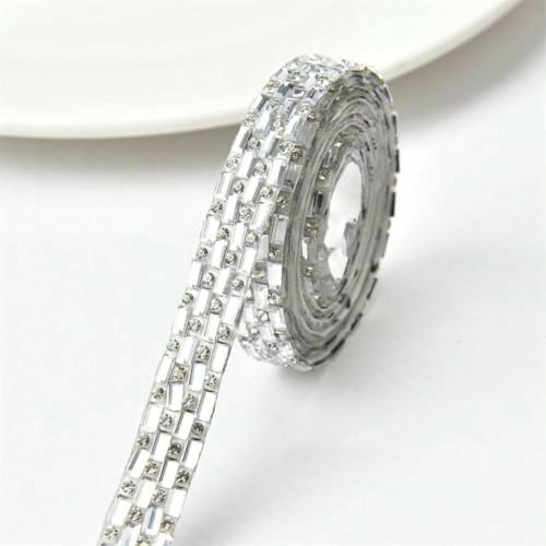 5 Yards Glitzer-Strassband mit weißem Kristall, selbstklebende Glasapplikationen, Diamantaufkleber für Abendschuh-Schmuckband, 1 cm, Silber, selbstklebend, 5 Yards von GJUYTI