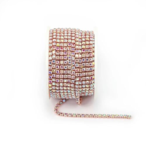 Bunte Strassketten, dichte, ausgefallene Kette, zum Nähen von Kleidungsstücken, Glas-Strass-Becherkette mit bunter Basis, Roségold-Kristall AB-SS6 (2 mm), 4,5 m von GJUYTI