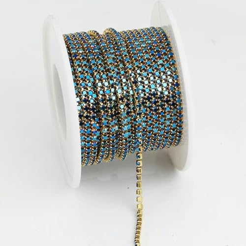 SS6-SS12 Ausgefallene Strasskette für Bekleidung, bunte Klaue mit Glas-Strass, dichter Strass-Cup-Kettenbesatz für DIY-Zubehör, Gold-Metallic-Blau, SS12 (3,0 von GJUYTI