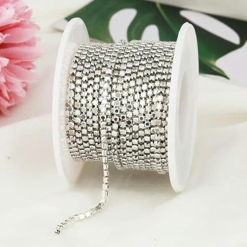 SS6-SS12 Ausgefallene Strasskette für Bekleidung, bunte Klaue mit Glas-Strass, dichter Strass-Cup-Kettenbesatz für DIY-Zubehör, Silber-SS12 (3,0 mm), 9,1 m von GJUYTI