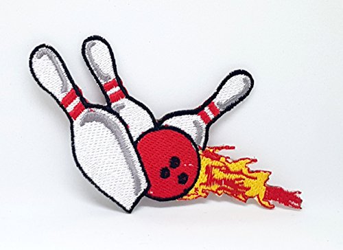 GK Bowling-Pins & Ball Strike Flames Applikation zum Aufnähen oder Aufbügeln (1 Stück, 10 x 6 cm, Sports, Embroidered Patch) von GK