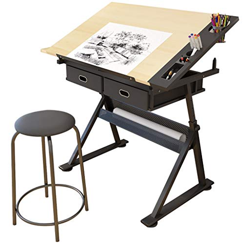 GKJHTED Zeichentisch, Zeichenpult, höhenverstellbarer Zeichenpult, neigbarer Basteltisch mit Stauraum, Kunstpult aus Ahornplatte, für den Zeichentisch im Homeoffice von GKJHTED