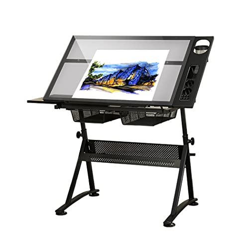 GKJHTED Zeichentisch, zusammenklappbarer Kunsttisch/Zeichentisch/Basteltisch mit Einstellbarer Höhe von 74–93 cm, 2 Schubladen und 0–80 ° neigbarer Tischplatte, gehärtetes Glas, Tragkraf von GKJHTED