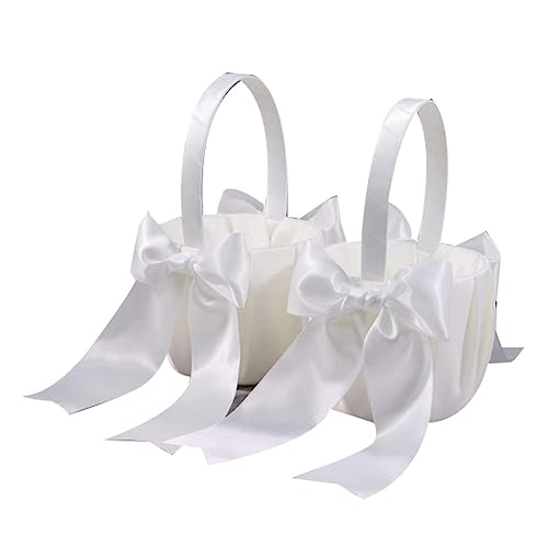 GKKICO 2 Stück weißer Blumenmädchen-Korb, Hochzeitskorb für Blumen, niedlicher Satin-Blumenmädchenkorb von GKKICO