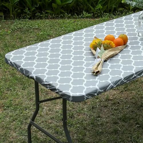 Elastische wasserdichte Tischdecke mit Flanell-Rückseite, Klapptisch, abwischbare Tischdecke für Partys im Freien, grau, passend für 75 x 180 cm Tisch von GKLUTV