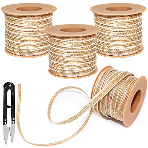 Juteband 4 Rollen 10M Jute Geschenkband Natürliche Satinband Schleifenband Dekoband Sackleinen Band mit Schere für DIY Handwerk Hochzeiten Partys Heimdekoration Leinen von GKZB