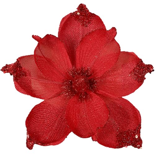 GL-Turelifes 24 cm große glitzernde Weihnachtsblumen, 6 Stück, künstliche Magnolien-Blumen, Netzstoff, gefaltet, für Weihnachtsbaumschmuck, Weihnachtsbaum, Neujahr, Party, Hochzeit (Rot) von GL-Turelifes