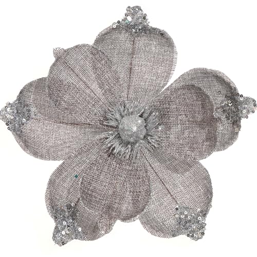 GL-Turelifes 24 cm große glitzernde Weihnachtsblumen, 6 Stück, künstliche Magnolien-Blumen, Netzstoff, gefaltet, für Weihnachtsbaumschmuck, Weihnachtsbaum, Neujahr, Party, Hochzeit (Silbergrau) von GL-Turelifes